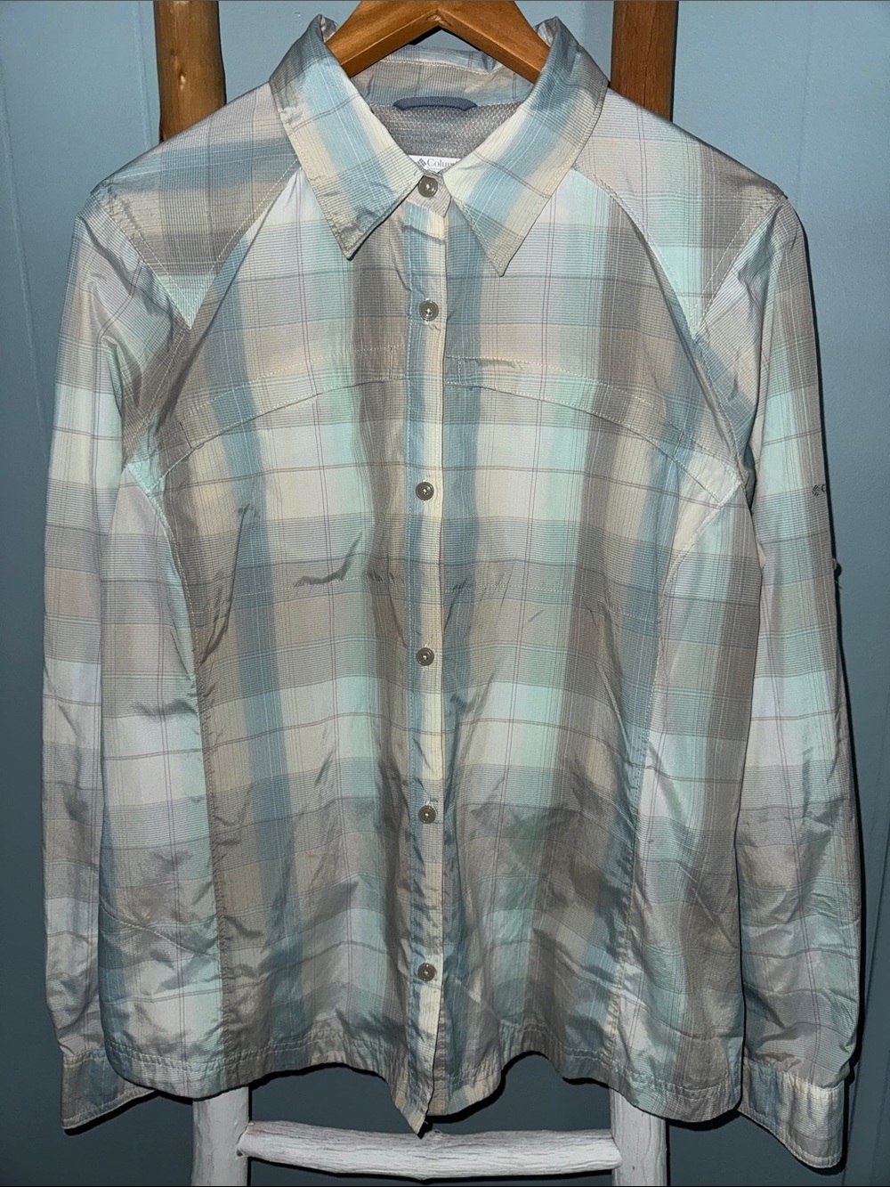Columbia Silver Ridge Light Blue & Gray Plaid Long Sleeve Shirt ~ XL